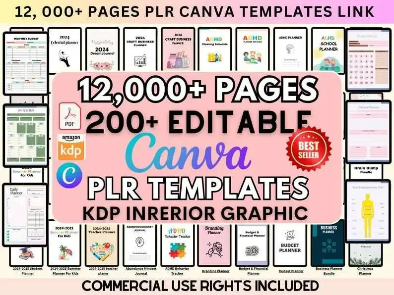 PLR 12000+ Pages Canva PLR Planner Templates, Unique Designs Digital Planner Journal Template, Logbooks Notebook Commercial Use KDP Mrr Resell