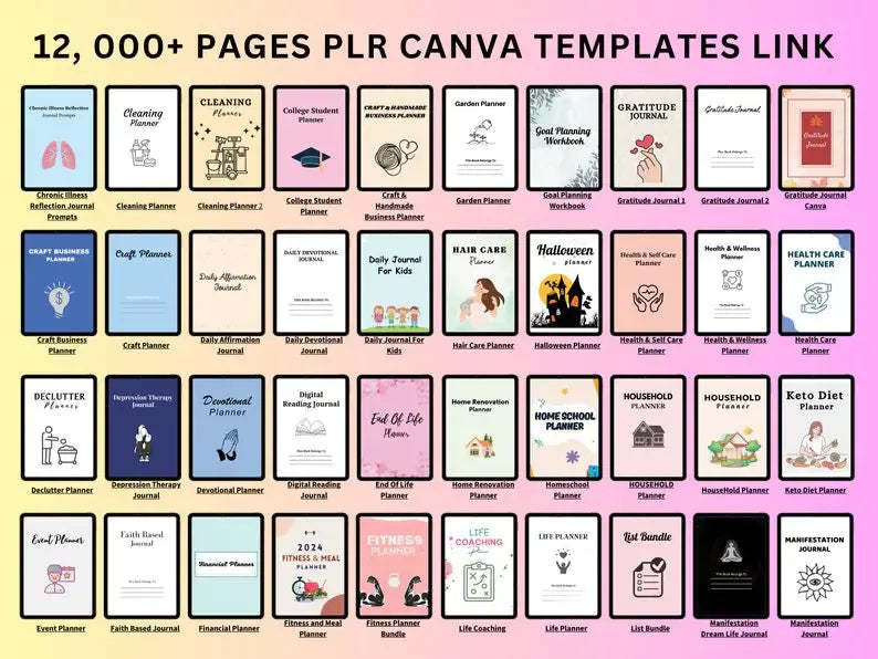 PLR 12000+ Pages Canva PLR Planner Templates, Unique Designs Digital Planner Journal Template, Logbooks Notebook Commercial Use KDP Mrr Resell